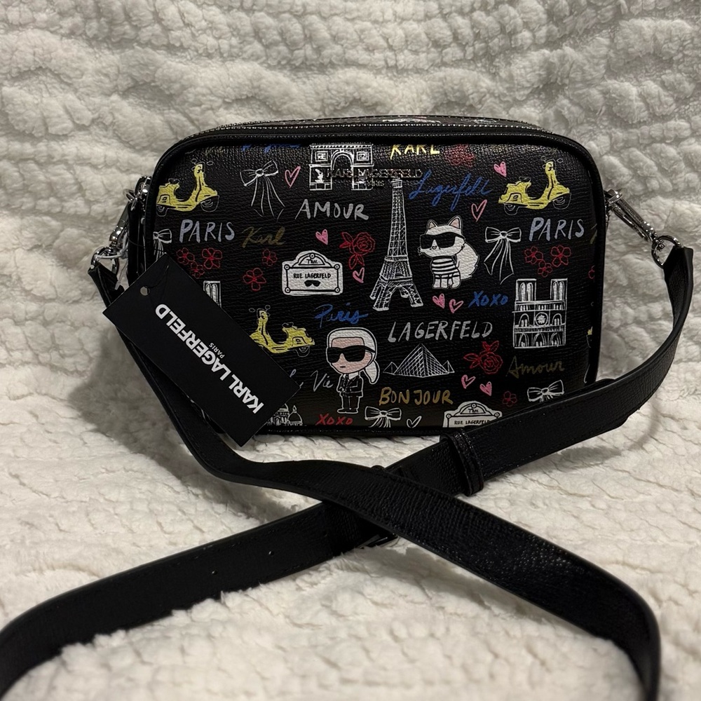 Karl Lagerfeld Black VERSATILE Multicolor Paris Print Maybelle Crossbody Bag NWT